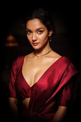 Elegant woman in deep red satin dress with sophisticated makeup and jewelry
