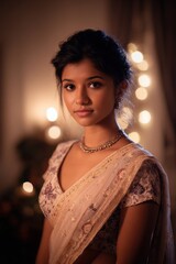 Elegant woman in intricately designed saree with pearl necklace under warm bokeh lights