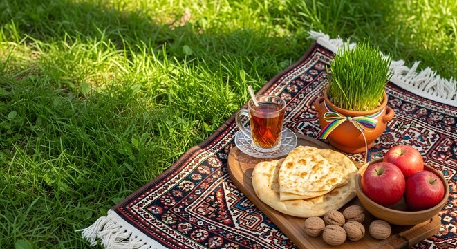 Traditional Nowruz spring picnics setup on a vibrant carpet, featuring cultural elements and fresh food for a festive new beginning concept