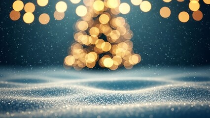 Golden bokeh Christmas tree on snowy night
