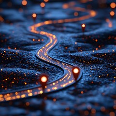 Winding glowing orange path on dark textured surface with lights abstract background