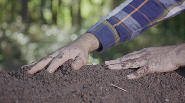 Hands holding fertile soil close-up. Checking soil. Dirty clay and organic fertilizer. Eco farming with natural soil. Gardener planting seed in humus. Farmer testing topsoil. Hands pouring soil.