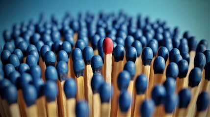 Single red match head stands out among numerous blue match heads in a crowded and densely packed arrangement