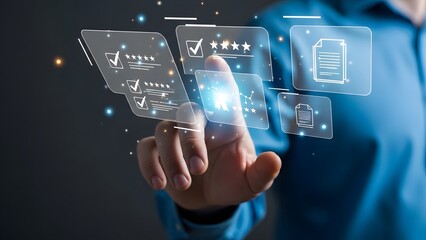 A hand interacting with virtual screens for quality assurance and customer feedback.