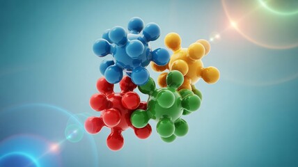 Vibrant molecular structure model with colorful balls on a gradient blue background with lens flares scientific concept
