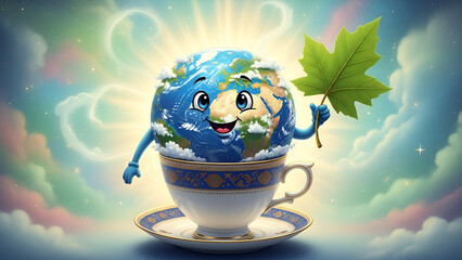 Happy Earth Character Holding a Maple Leaf, Sitting in a Teacup Under a Cloudy Sky with Sun Rays