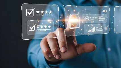 Businessman interacting with digital interface for quality control and customer feedback analysis