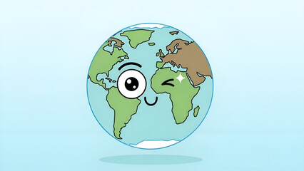 A friendly and playful cartoon illustration of planet Earth winking happily, conveying global harmony, environmental awareness, and a positive, interconnected world spirit