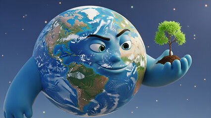 Planet Earth character holding a small tree, symbolizing growth and environmental protection, with a vast starry sky in the background