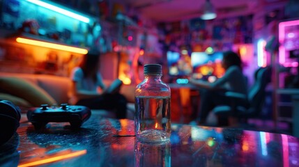 Vibrant cyberpunk arcade bar with neon lights and gaming controllers
