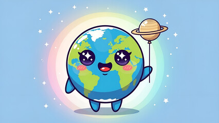 Cute cartoon Earth character holding a Saturn planet in a pastel rainbow background, symbolizing global unity and space exploration