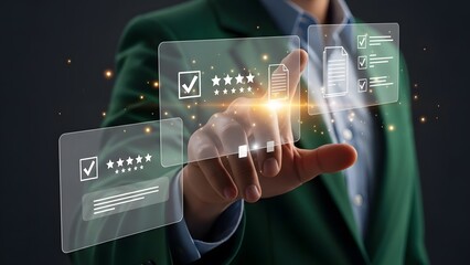 Businessman manages online customer satisfaction survey and quality assurance process