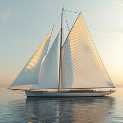 Obraz premium Sailing yacht with white sails on still water, illuminated by the warm sunset