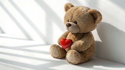 A fluffy brown teddy bear sits holding a shiny red heart against a bright white background
