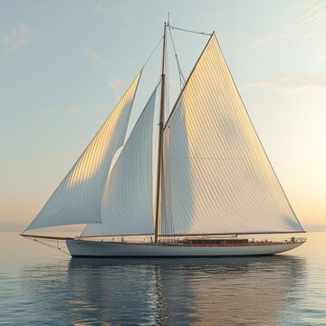 Sailing yacht with white sails on still water, illuminated by the warm sunset