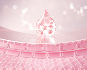 Cosmetic serum, oil drop on sagging skin cells, skin repair, moisturizer, collagen serum in pink tone, 3D rendering.