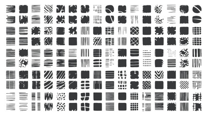 Huge collection of abstract grunge textures and hand drawn pattern squares, featuring black ink brush strokes, rough hatching lines, and distressed geometric shapes for design backgrounds.