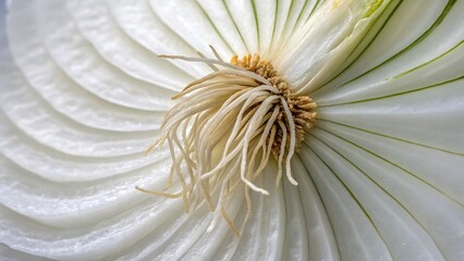 Close-up macro photograph of the inner core of a white onion bulb with roots