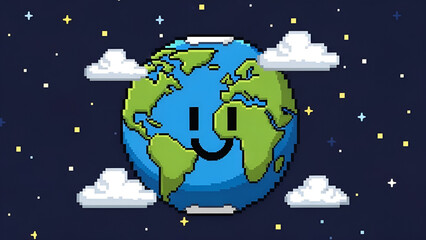 Pixel Art Earth with a Happy Face Surrounded by Clouds and Stars in Space