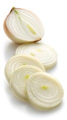 A studio shot of an onion cut in half and several fresh slices on a clean white surface