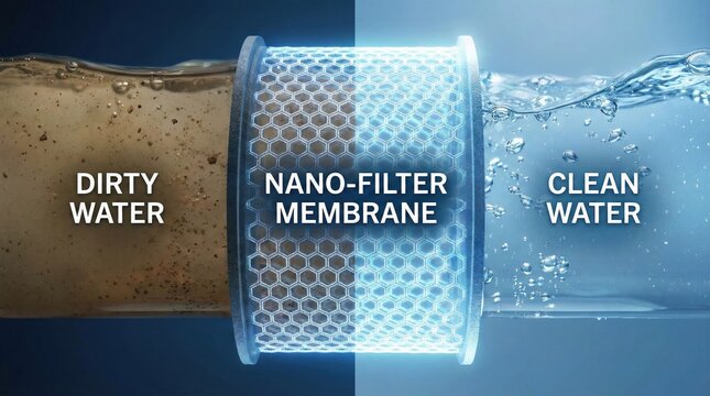 Cross-Section View of Dirty Water Filtration Process Through High-Tech Nano-Filter Membrane to Become Clean Water. 3D Infographic Concept for Purification Technology