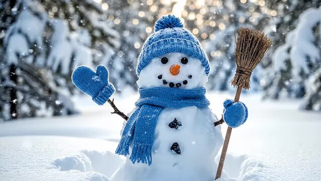 A cheerful snowman in a blue knitted hat and scarf waves hello