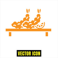 Delicious crispy tempura shrimp with a fresh lemon slice served on a traditional wooden board Vector