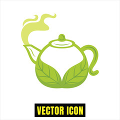 Organic green tea teapot icon with natural leaf design and rising steam for healthy beverages Vector