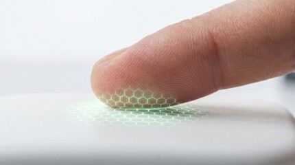 Macro Shot of Human Fingertip Touching White Surface with Glowing Green Hexagonal Nanotech Grid. Concept for Biometric Security, Digital Identity and Haptic Touch Technology