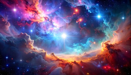 Fototapeta premium A breathtaking and vibrant cosmic nebula with swirling clouds of gas and dust illuminated by countless bright stars, showcasing the beauty of the universe.