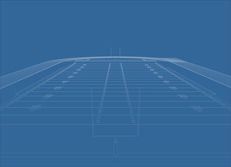 American Football Field and Track Stadium Wireframe Blueprint Illustration 
