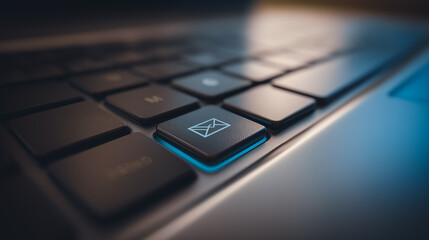 A close-up shot of a laptop keyboard, highlighting the illuminated email button, symbolizing digital communication, messaging, and online connectivity.