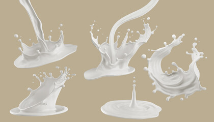 Set of Milk splash and pouring, yogurt or cream include Clipping path, 3d rendering.