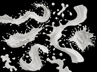 Set of Milk splash and pouring, yogurt or cream include Clipping path, 3d rendering.