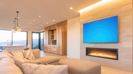 Obraz premium Modern living room with large windows and a cozy fireplace at sunset