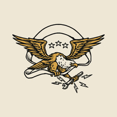 Vintage-style eagle illustration gripping a wrench with bold lightning elements, symbolizing strength and garage craftsmanship.