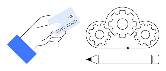 Digital payment, cloud computing, creativity, online tools, business solutions, teamwork. A hand holding a card next to a pencil and cloud gears. Digital payment and cloud computing concept
