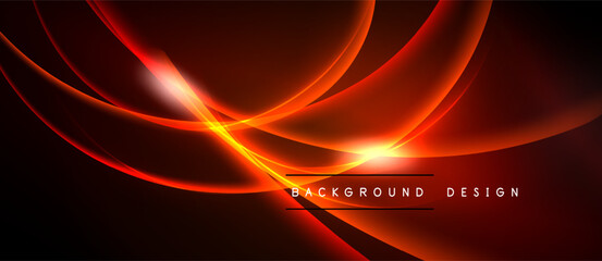 Abstract red energy lines create dynamic background. Bright light source radiates, forming modern design element. Dark space surrounds glowing curves.