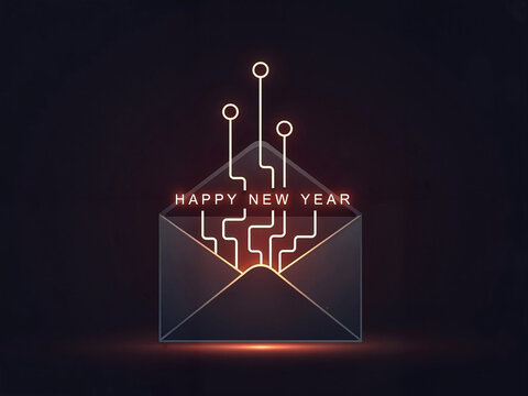Digital envelope with glowing circuitry and Happy New Year greeting  
