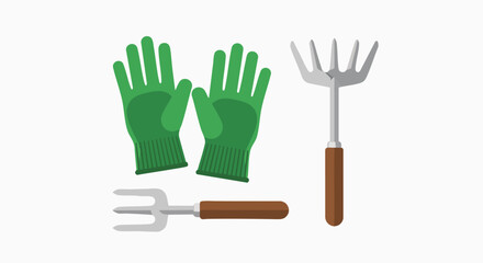 Green gardening gloves and small hand tools vector illustration garden tools planting digging horticulture protective equipment flat