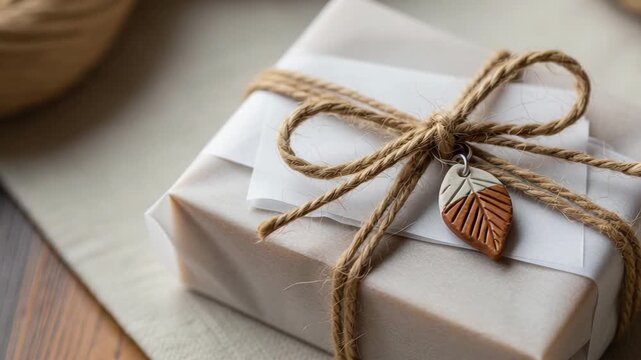 Ecofriendly gift wrapping with natural materials and leaf charm in minimalist style