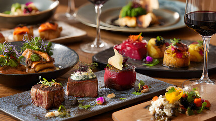 Culinary Delights: An array of exquisite culinary creations and glasses of wine is artfully arranged on a table, offering a tantalizing feast for the senses. 