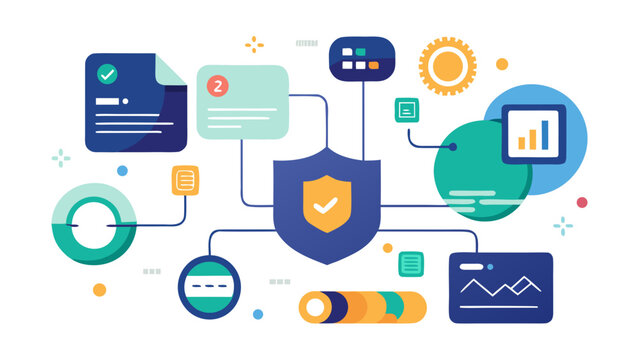 Colorful illustration of cybersecurity system with shield icon, charts, notifications and digital interface elements connected by network lines