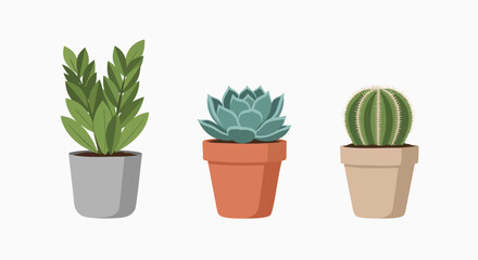 Three cartoon house plants in pots vector illustration set succulent cactus green indoor decor