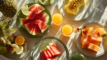 A Colorful Feast: An artful composition of assorted fresh fruits and invigorating drinks adorn a sunlit table, beckoning indulgence and representing a celebration of health and refreshment.