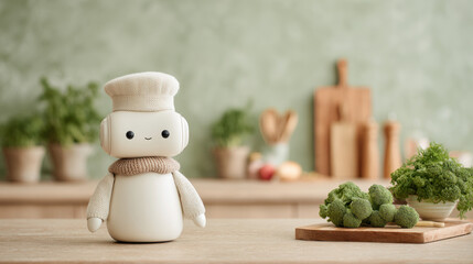 Charming robot sitting chopping vegetables for soup. Cute robotic chef preparing healthy meal. Automation in kitchen for a smarter home. Christmas holiday preparation.