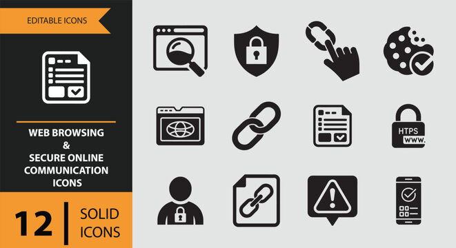 Essential web browsing and secure online communication solid icon set