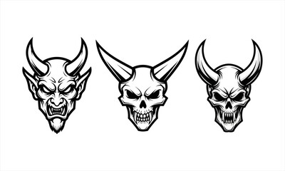 Three menacing horned skull and devil head illustrations.