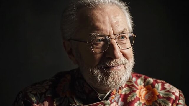 Portrait of an elderly man with glasses and a beard wearing a colorful shirt.