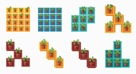 Collection of potted plants in colorful square frames Vector Flat Design Houseplants Grid Shelf